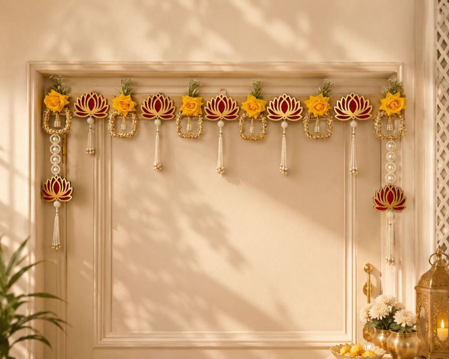 Yellow rose and lotus decorative hanging, symbolic of Indian festivals