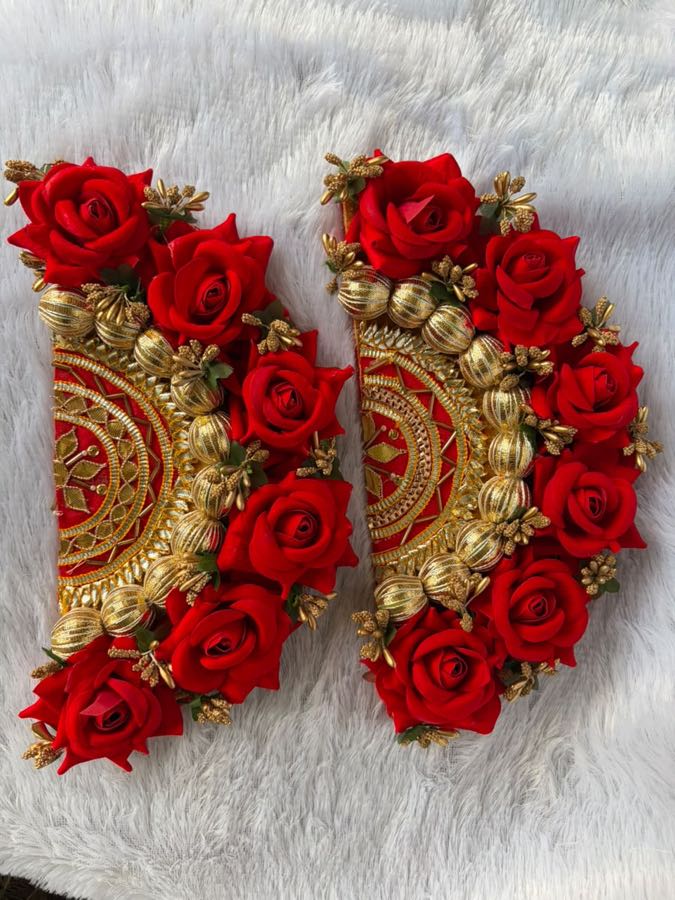 Pair of red rose and gold bead decor pieces
